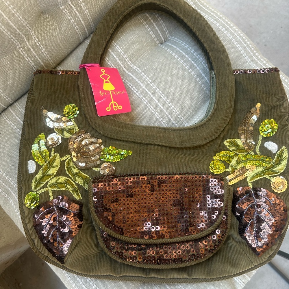 Green and Brown Shoulder Bag with Floral Embellishments